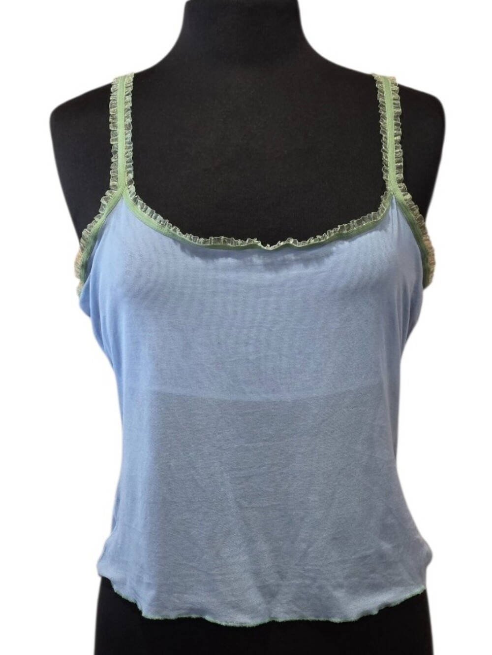 Vintage Angelie Sheer Cami Blue Green Ribbon Straps Coquette Girlie Tank Top